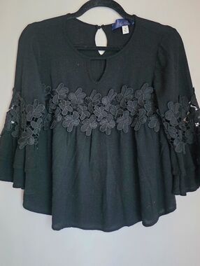 Blue Rain Black Gauze Top W/Crochet Floral Insets Size M